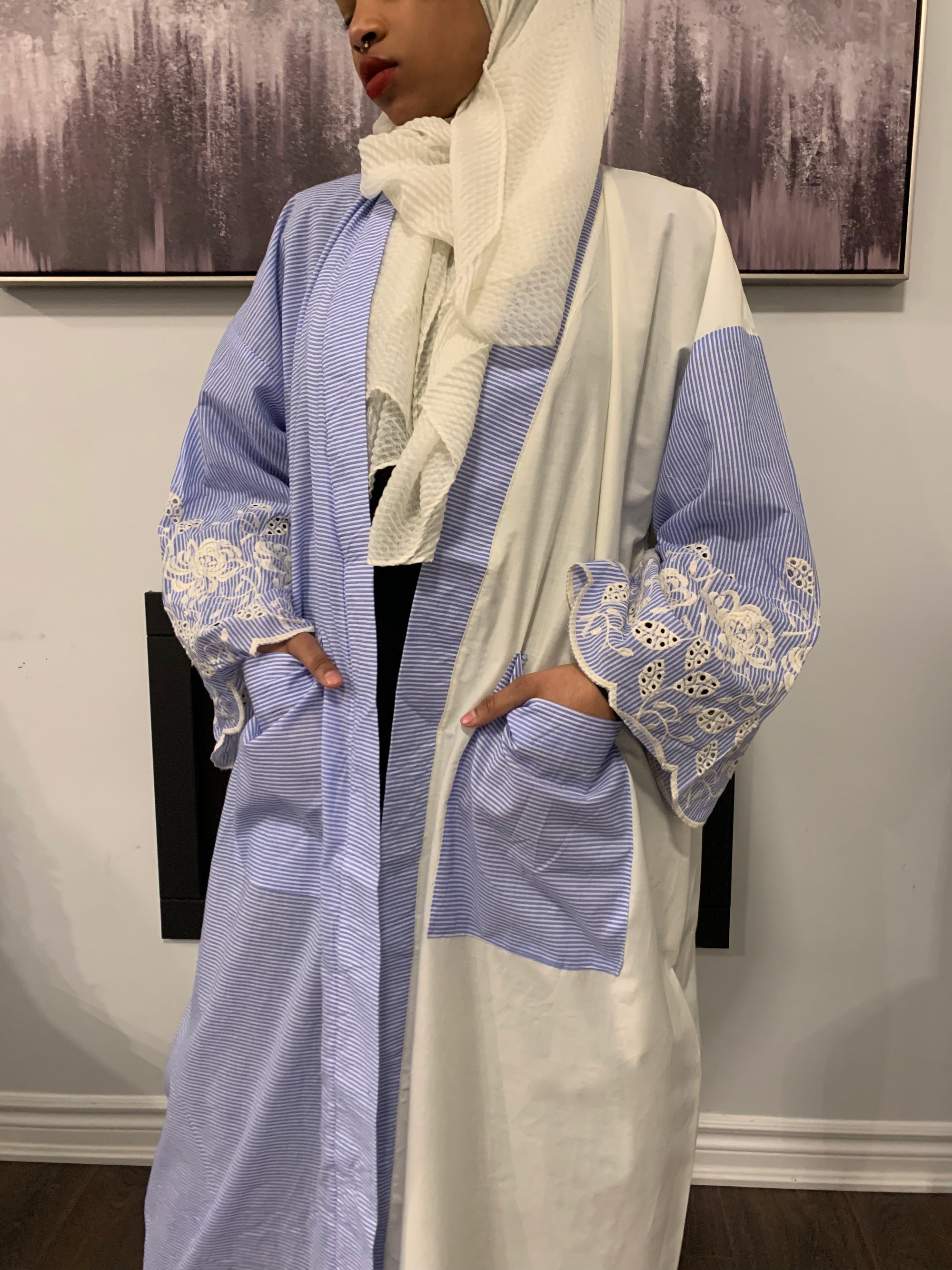 Two-tone Blue & White Kimono Abaya